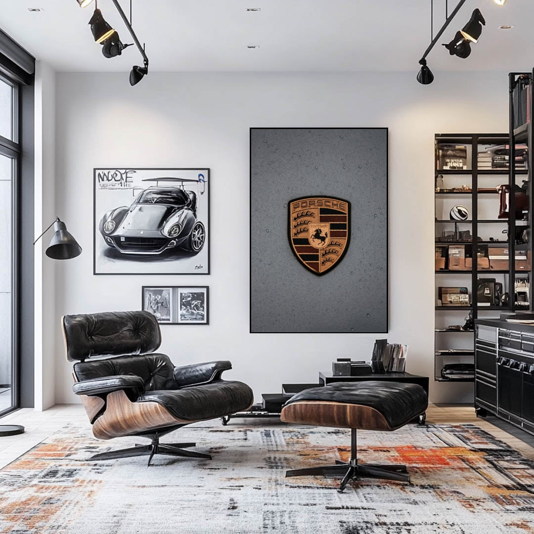 Porsche Crest in the Rain displayed as elegant car wall art above a modern lounge chair in a stylish interior.