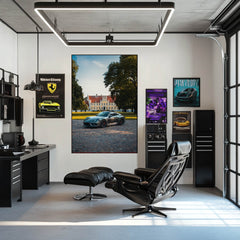 Porsche 911 at the Estate car wall art displayed in a modern office with stylish furniture and decor.