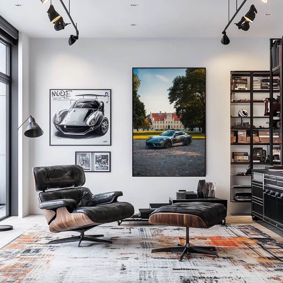 Porsche 911 at the Estate displayed as car wall art in a modern living room with stylish furniture and décor.