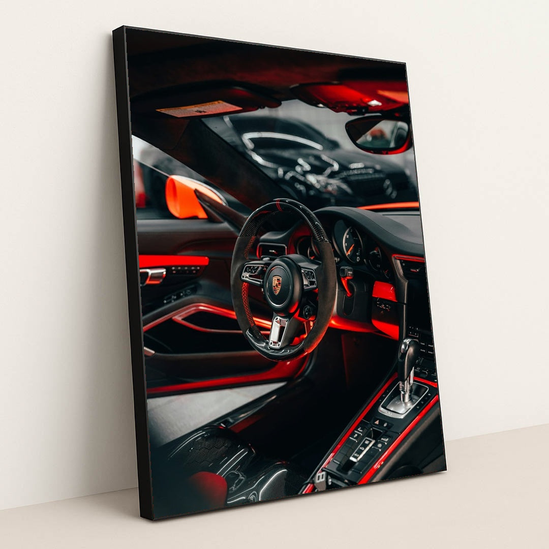 Porsche Interior in Red Glow by Zac Wolff - Black Frame Stretchiez