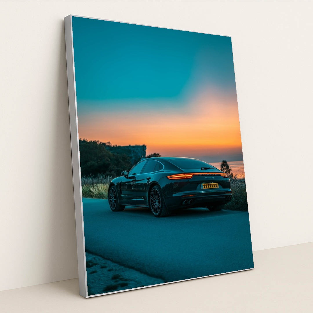 Porsche Panamera at Dusk on the Coast by Peter Miranda - Silver Frame Stretchiez