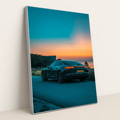 Porsche Panamera at Dusk on the Coast by Peter Miranda - Silver Frame Stretchiez