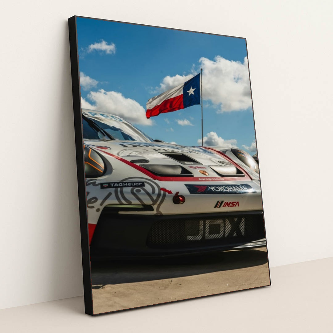Porsche Race Car Under the Texas Sky by Muyenda Burnett - Black Frame Stretchiez