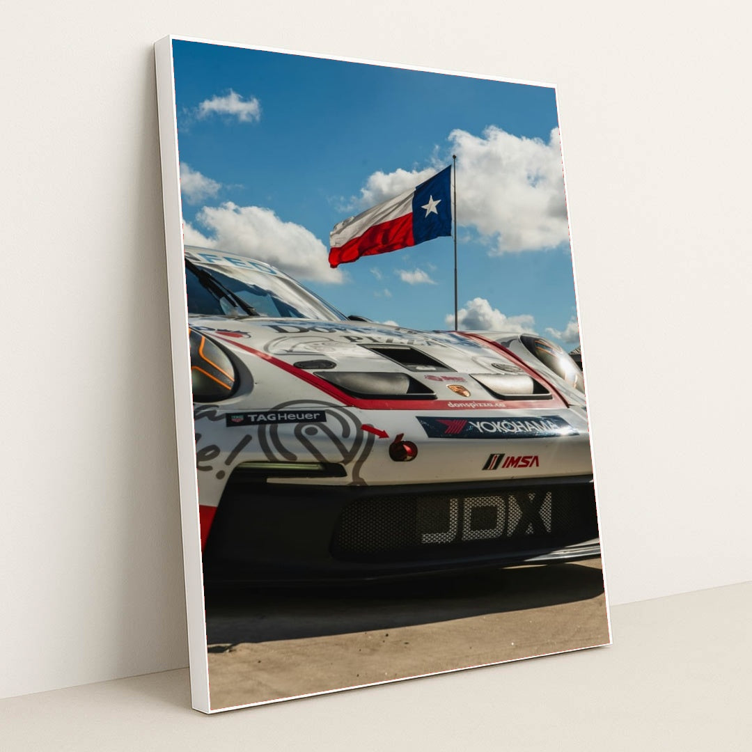 Porsche Race Car Under the Texas Sky by Muyenda Burnett - White Frame Stretchiez