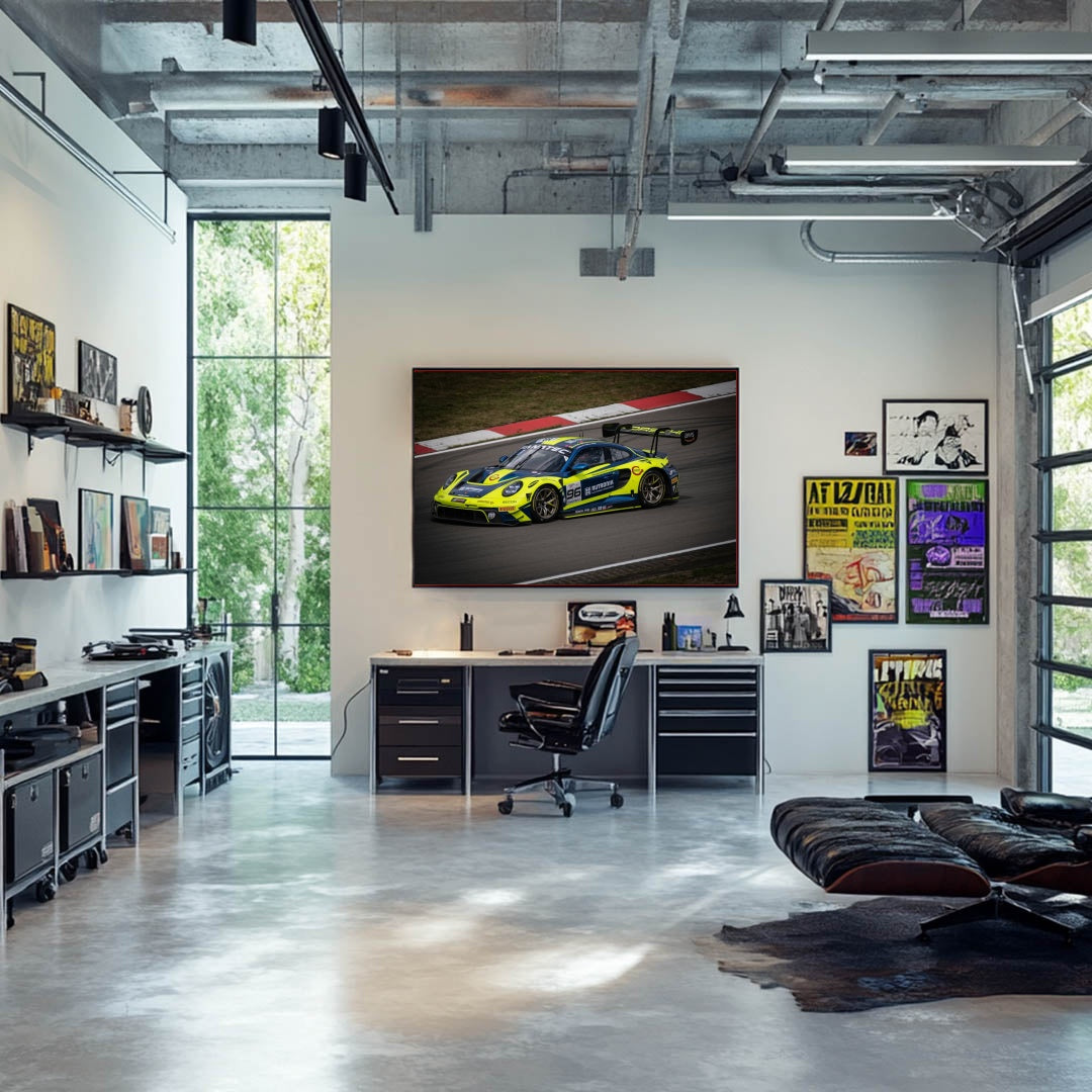 Porsche 911 GT3 R in Racing Livery wall art featured in a modern office with sleek decor.