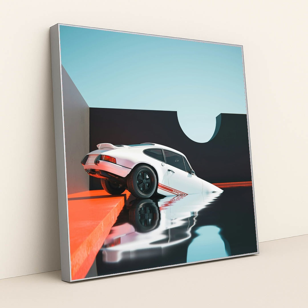 Porsche Reflected in Stillness by Kajetan Daroch - Silver Frame Stretchiez