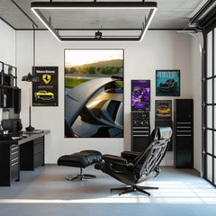 Porsche Golden Hour wall art showcasing car details with sunset lighting in a modern workspace.