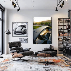 Porsche Golden Hour car wall art showcasing sleek rear wing against sunset light in a modern living space.