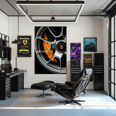 Porsche Precision Wheel car wall art featuring close-up of satin silver alloy and bold yellow brake caliper in modern room.