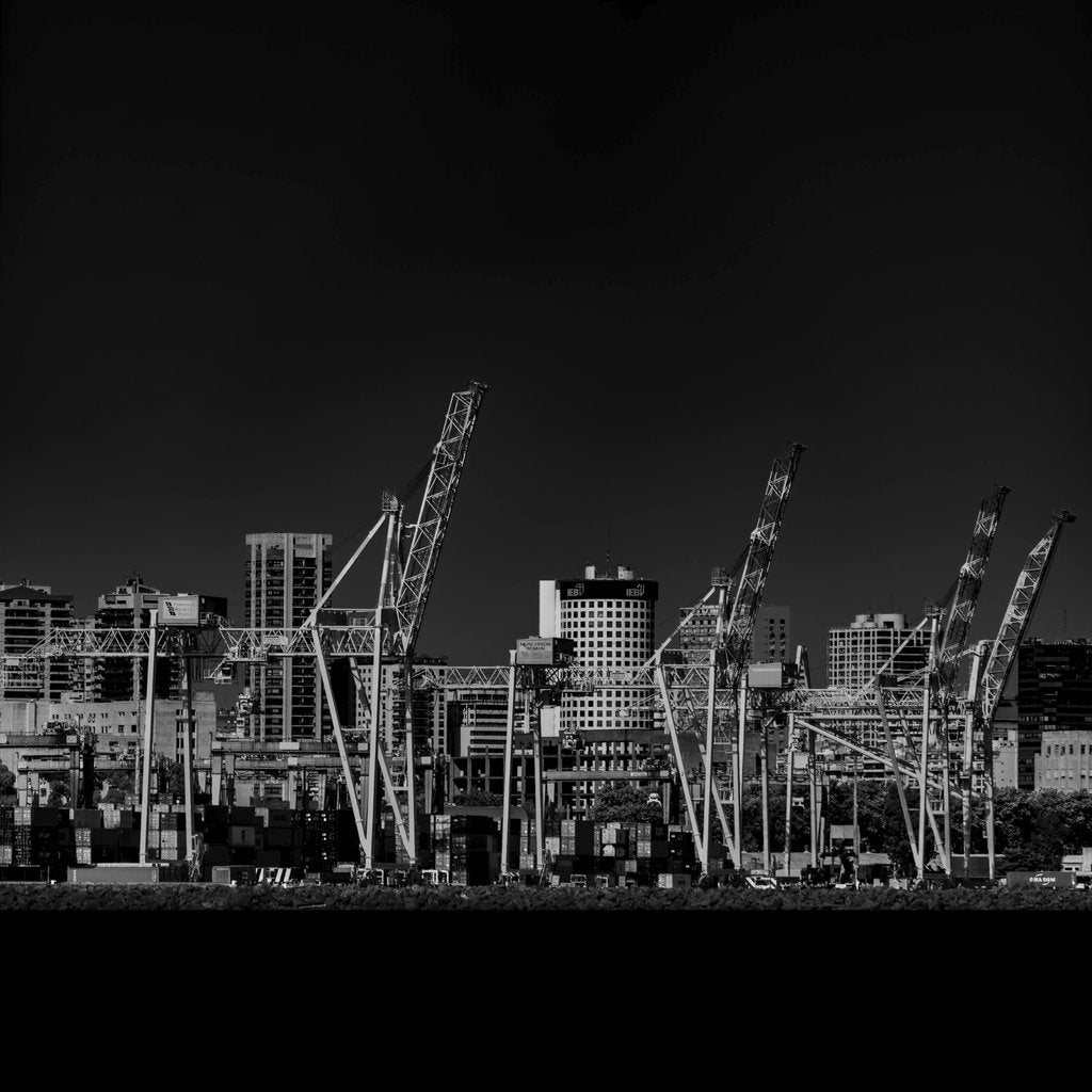 Pablo Picardi Photography - Black and white image of a bustling urban harbor with construction cranes.