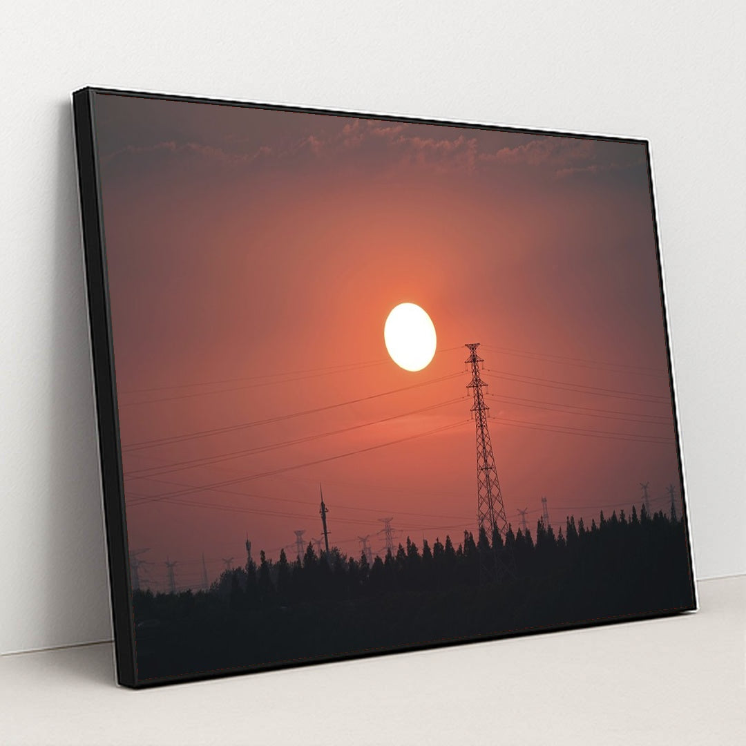 Power Lines at Sunset by Q L - Black Frame Stretchiez