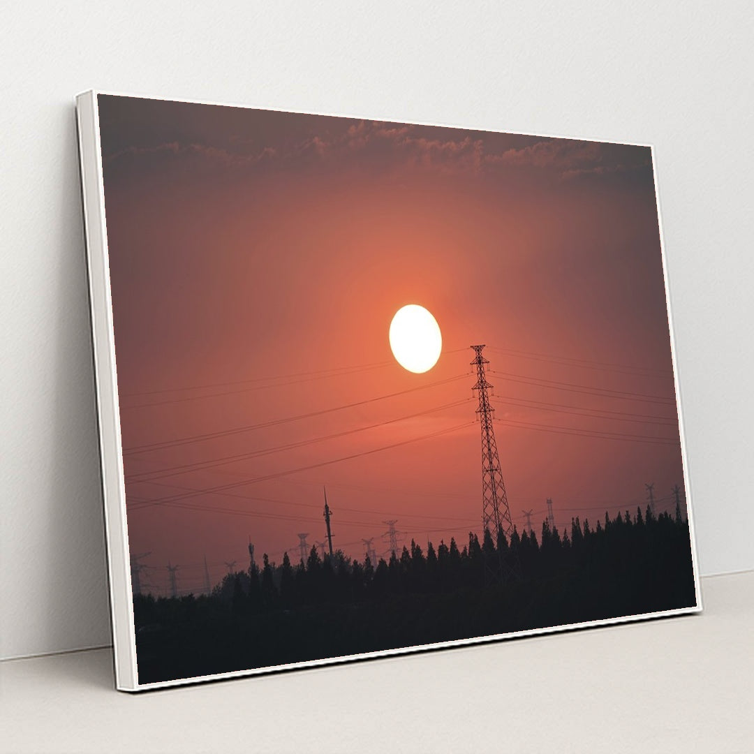 Power Lines at Sunset by Q L - White Frame Stretchiez