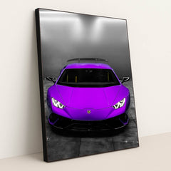 This photo shows the front view of a Lamborghini Huracán in a bright purple color in a modern indoor garage, in a black frame.