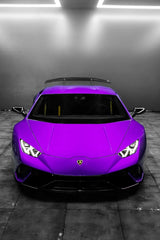 Lamborghini Front Glow: front view of a bold purple Lamborghini supercar in sleek lighting, perfect for car wall art.