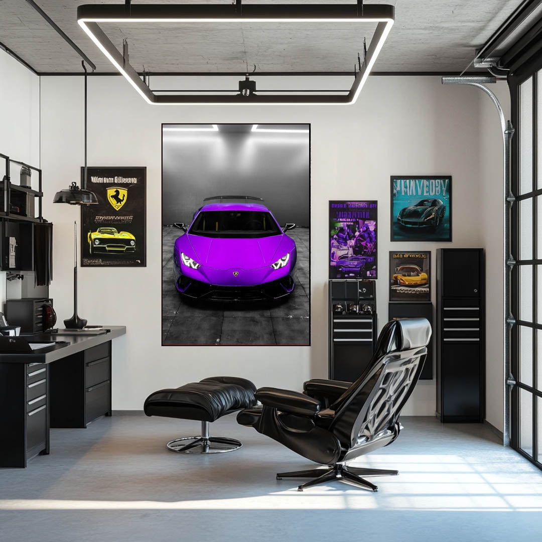 Lamborghini Front Glow car wall art featuring a purple Lamborghini supercar in a modern office setting.
