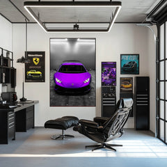 Lamborghini Front Glow car wall art featuring a purple Lamborghini supercar in a modern office setting.