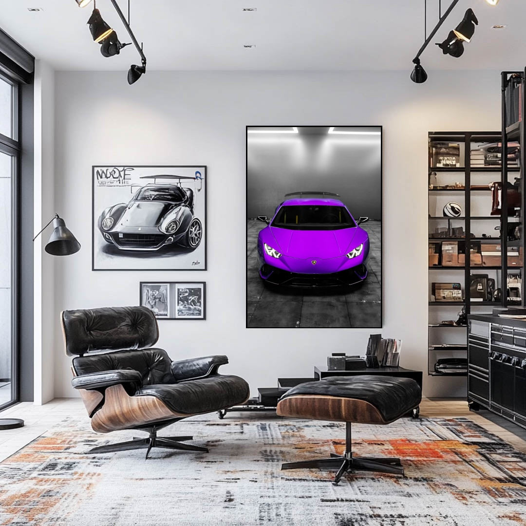 Lamborghini Front Glow in high-gloss purple finish as car wall art in a modern living room with elegant decor.