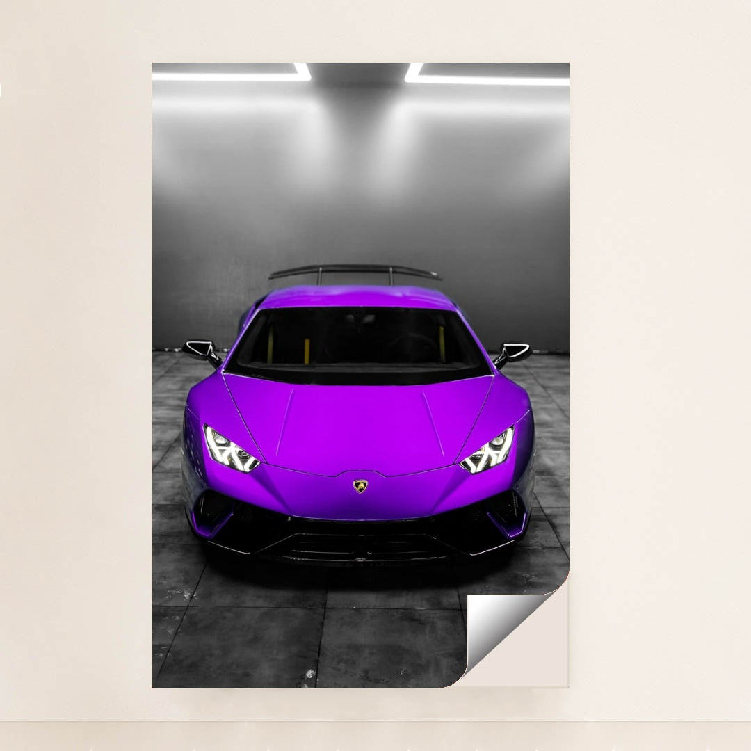 This photo shows the front view of a Lamborghini Huracán in a bright purple color in a modern indoor garage, unframed.