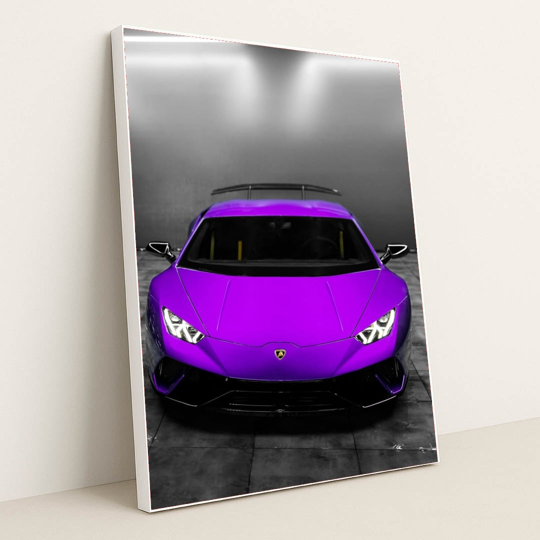This photo shows the front view of a Lamborghini Huracán in a bright purple color in a modern indoor garage, in a white frame.