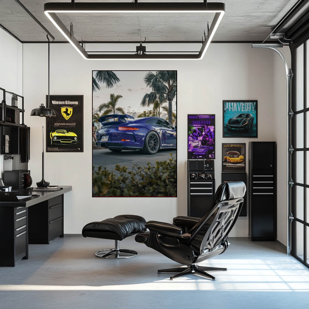 Porsche 911 GT3 Under Tropic Haze car wall art displayed in a modern office with palm trees and stylish decor.
