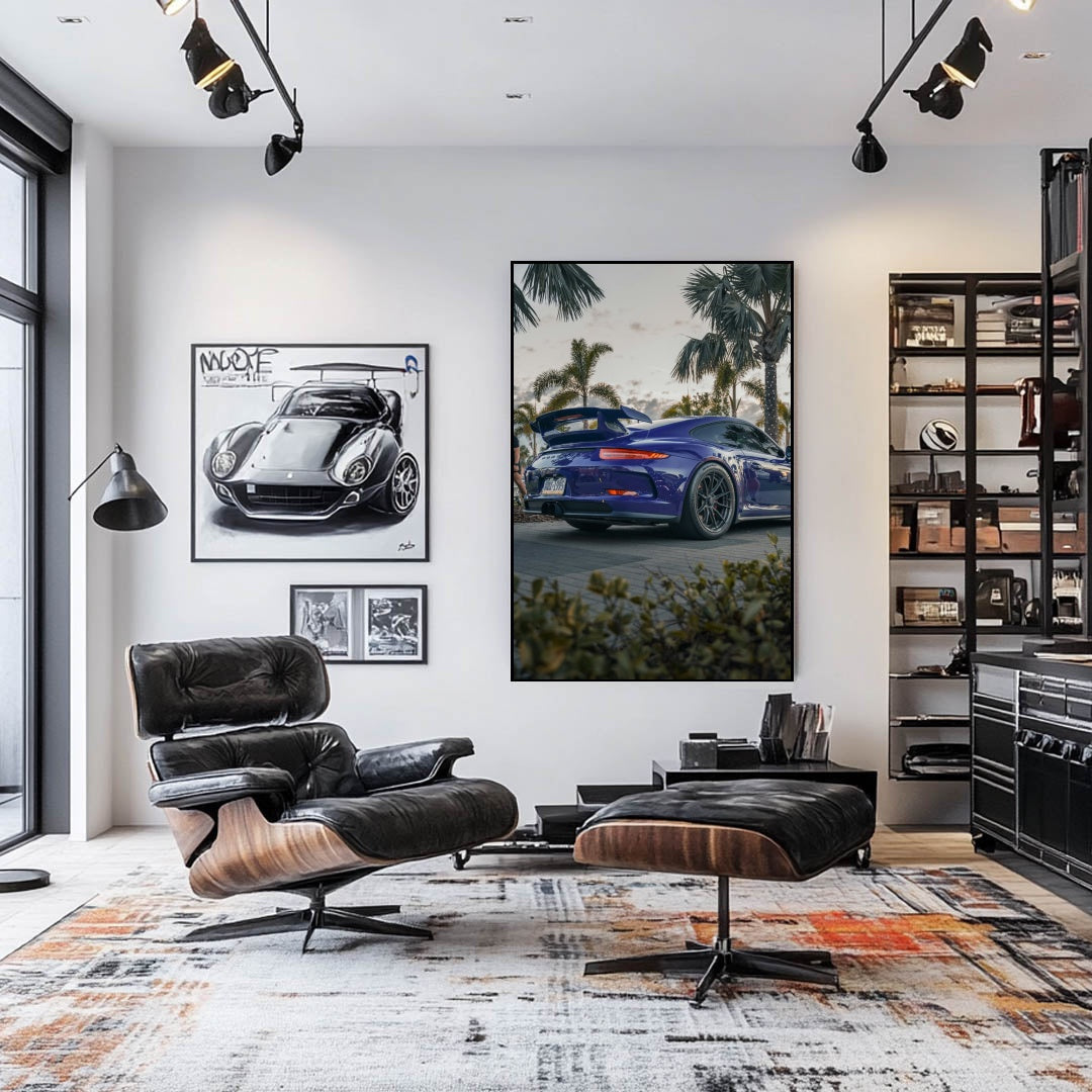 Porsche 911 GT3 Under Tropic Haze featured in modern interior with palm trees and stylish decor, showcasing car wall art.