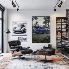 Porsche 911 GT3 Under Tropic Haze featured in modern interior with palm trees and stylish decor, showcasing car wall art.