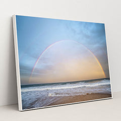 Rainbow Arching Over Ocean Waves at Golden Hour by Ben Mack - White Frame Stretchiez