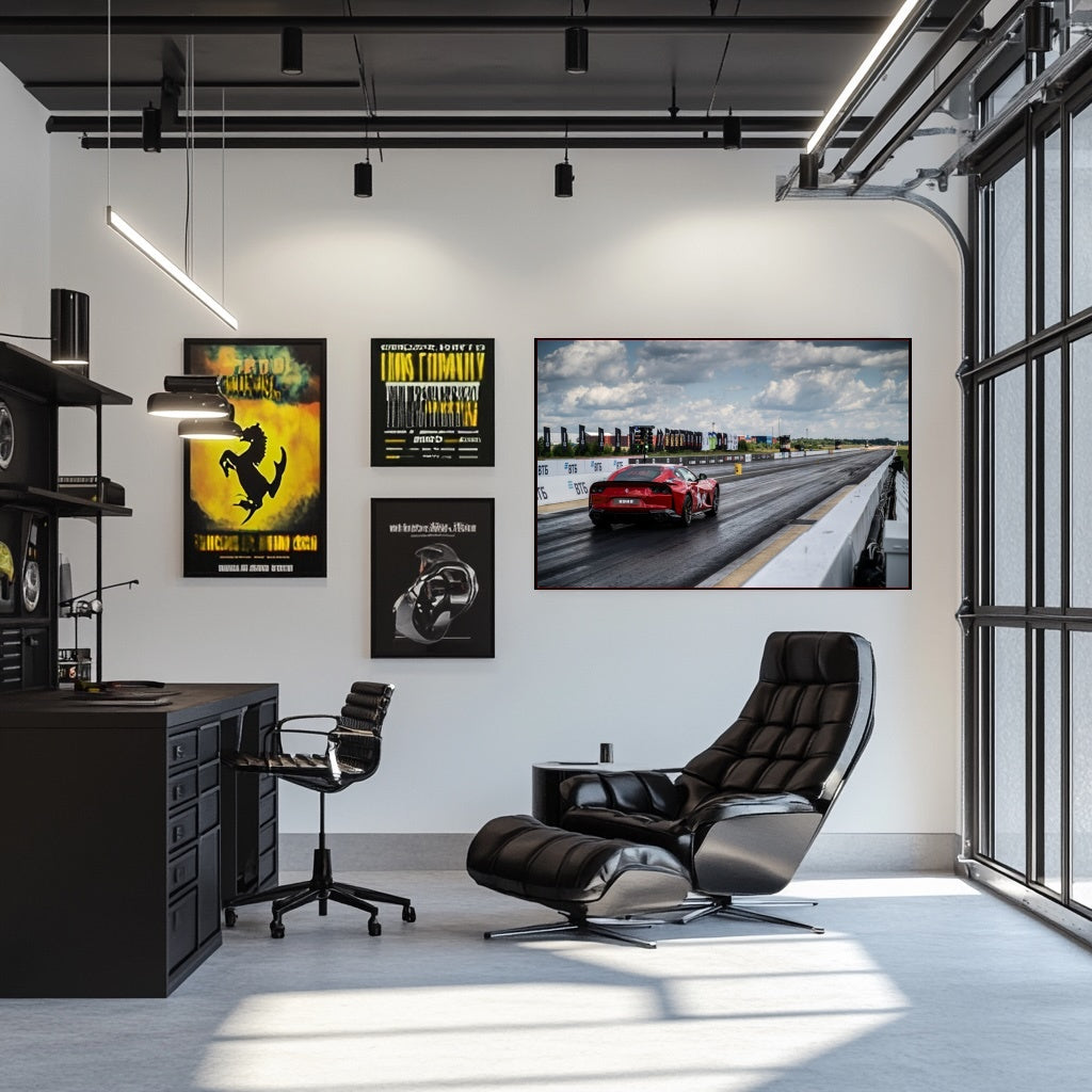 Ferrari 812 Superfast Drag Strip on a wall in a modern office featuring sleek furniture and artwork.