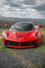 Ferrari LaFerrari in Nature's Embrace: striking red car in a natural setting, showcasing its sleek design and aggressive front fascia.
