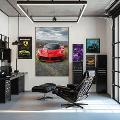 Ferrari LaFerrari in Nature's Embrace displayed as car wall art in a modern office setting.