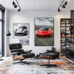 Ferrari LaFerrari in Nature's Embrace displayed as car wall art in a modern home interior with stylish furnishings.