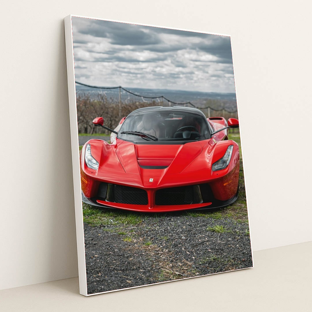 This photo shows a red Ferrari LaFerrari viewed from the front, parked outdoors under a cloudy sky, in a white frame.