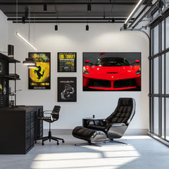 Ferrari LaFerrari Front and Center displayed as car wall art in a modern office setting with sleek furniture.
