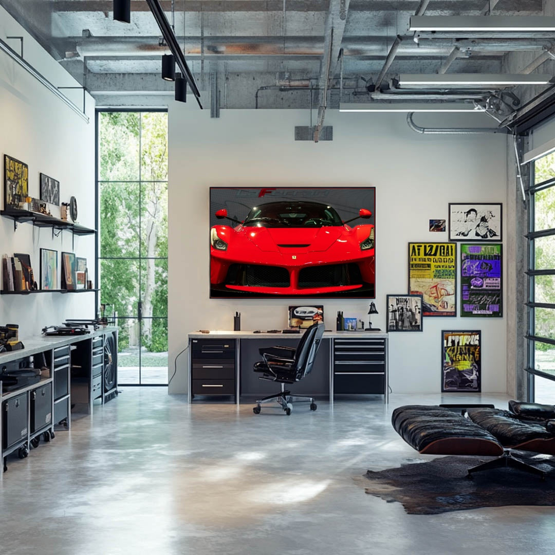 Ferrari LaFerrari Front and Center wall art displayed in a modern office with sleek furniture and large windows.