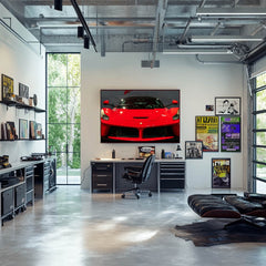 Ferrari LaFerrari Front and Center wall art displayed in a modern office with sleek furniture and large windows.