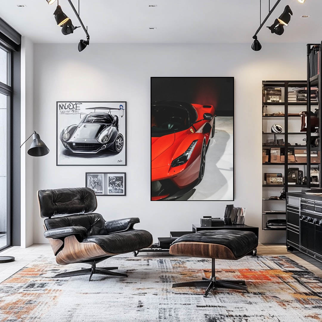 LaFerrari Detail Shot showcased as striking car wall art, emphasizing its design in a modern interior setting.