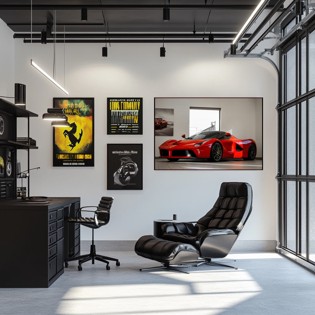 Ferrari LaFerrari on Display in a stylish office with modern decor and car wall art.