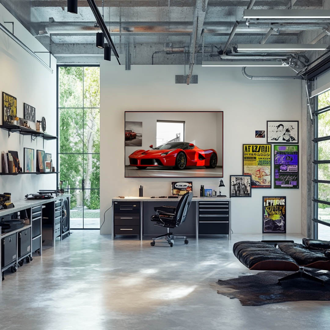 Ferrari LaFerrari on Display in a sleek office, showcasing car wall art with polished red exterior and modern decor.