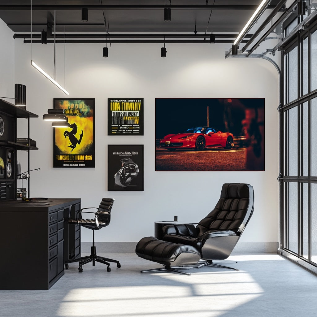 Ferrari 458 Italia at Night displayed as car wall art in a modern office with sleek furniture.