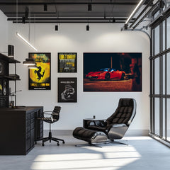 Ferrari 458 Italia at Night displayed as car wall art in a modern office with sleek furniture.