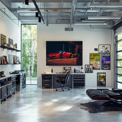 Ferrari 458 Italia at Night art displayed in a modern office setting with sleek black furniture and large windows.