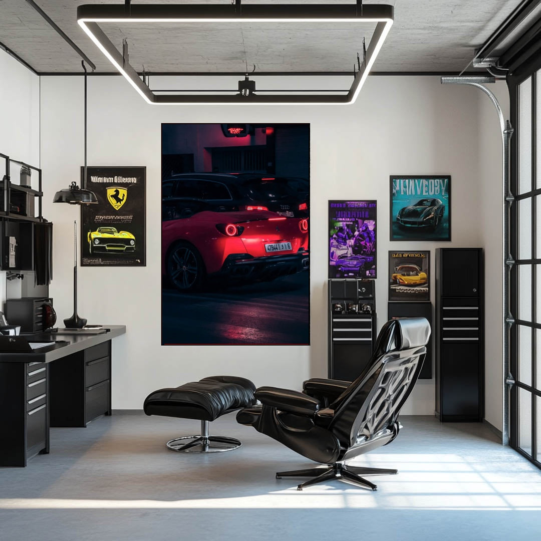 Ferrari Portofino at Night wall art in a modern office, illuminated by magenta lights and reflecting on wet asphalt.