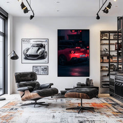 Ferrari Portofino at Night showcased as wall art, illuminated against a stylish modern living room backdrop.
