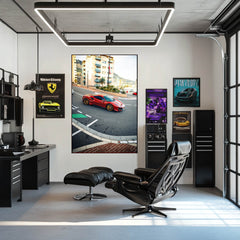 Ferrari 488 Pista Cruising Monaco wall art displayed in a modern office with stylish decor.