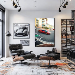 Ferrari 488 Pista Cruising Monaco showcased in a stylish interior, highlighting car wall art and modern decor.