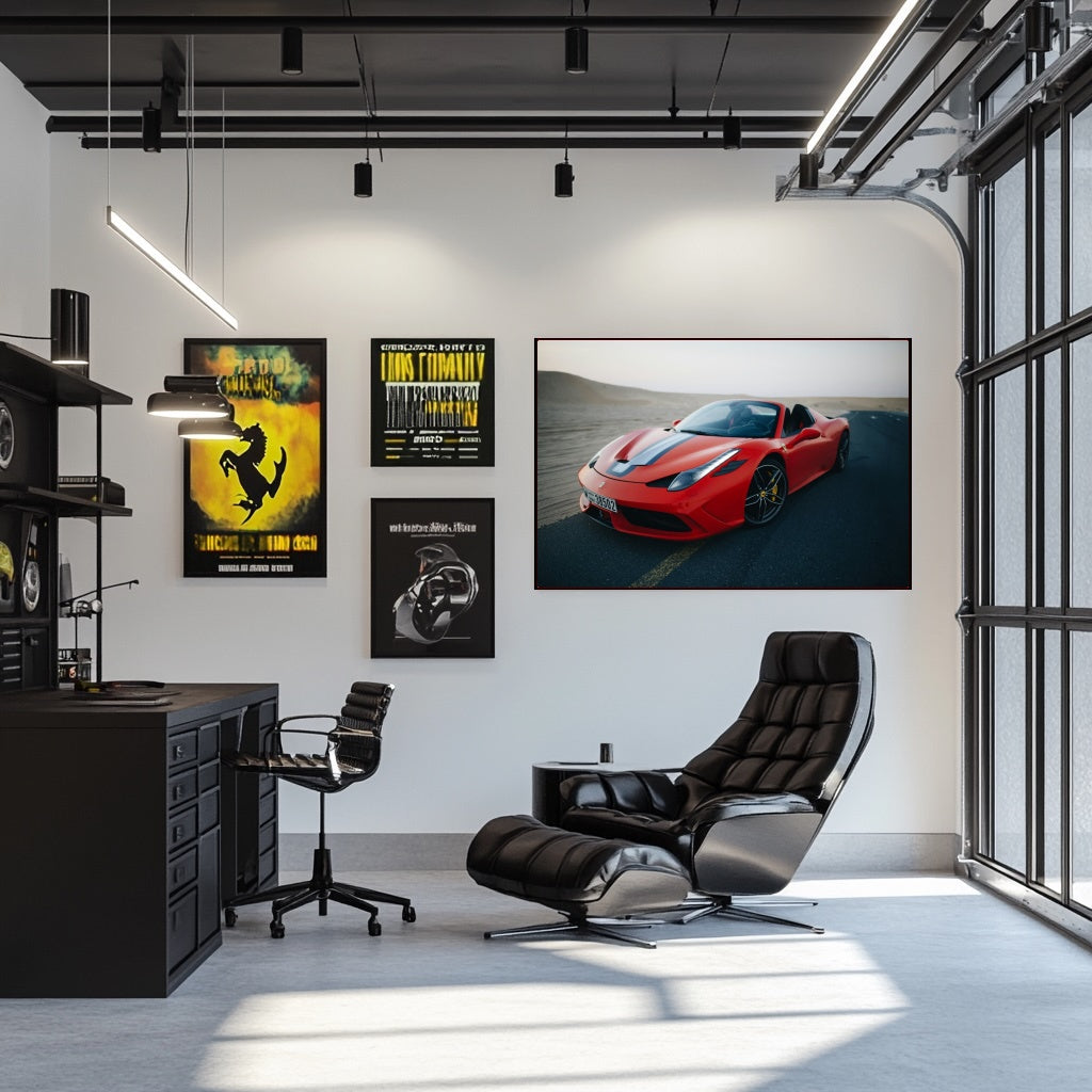 Ferrari 458 Speciale Aperta in the Dunes displayed as car wall art in modern office interior.
