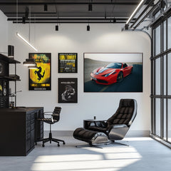 Ferrari 458 Speciale Aperta in the Dunes displayed as car wall art in modern office interior.