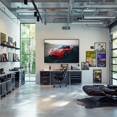Ferrari 458 Speciale Aperta in the Dunes displayed in a stylish office as car wall art.