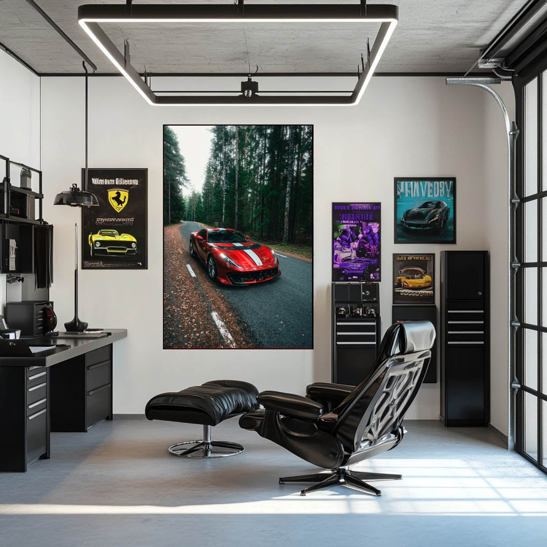 Ferrari 812 Superfast on the Forest Path displayed as car wall art in a modern office setting with sleek decor.