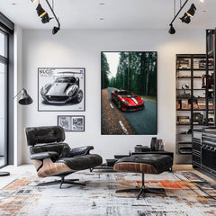 Ferrari 812 Superfast on the Forest Path showcased as car wall art in a stylish modern living room.